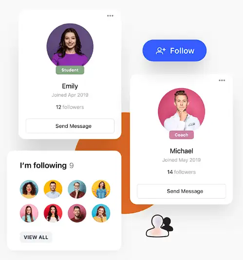 A digital interface showing several user profile cards. One card features a smiling woman named Emily, labeled "Student," with follower count and a "Send Message" button. Another card shows a man named Michael, labeled "Coach," with similar details and a "Follow" button. A third card displays "I'm following 9" with multiple small profile pictures.