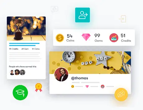 A graphic displaying various user interface elements for a gamified online community, including a trophy icon, a profile showing "Coins," "Gems," "Credits," and a user handle "@thomas," along with icons for thumbs up, user join, and chat.