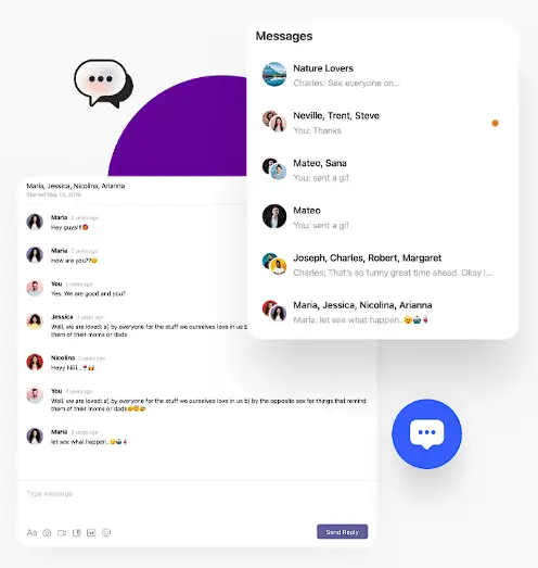 A digital interface showing a messaging application. On the left, a chat window displays a conversation between several users with avatars. On the right, a "Messages" list shows recent chats from "Nature Lovers," "Neville, Trent, Steve," "Mateo, Sana," and others, with previews of the last message.