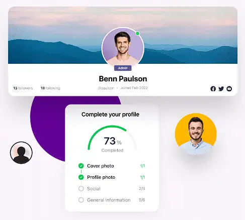 A digital user profile screen showing a banner image of mountains, a circular profile picture of a man named Benn Paulson with "Admin" badge, follower/following counts, and joined date. Below, a card indicates "Complete your profile" with a progress bar showing 73% completed, listing tasks like "Cover photo" and "Profile photo" as complete.