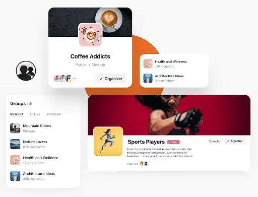 A digital interface showing various community groups. A large card features "Sports Players" with an image of a person exercising and group details. Other smaller cards show "Coffee Addicts," "Health and Wellness," and "Architecture Ideas." A side panel lists "Groups" by "Newest," "Active," and "Popular" with group names like "Mountain Riders" and "Nature Lovers."