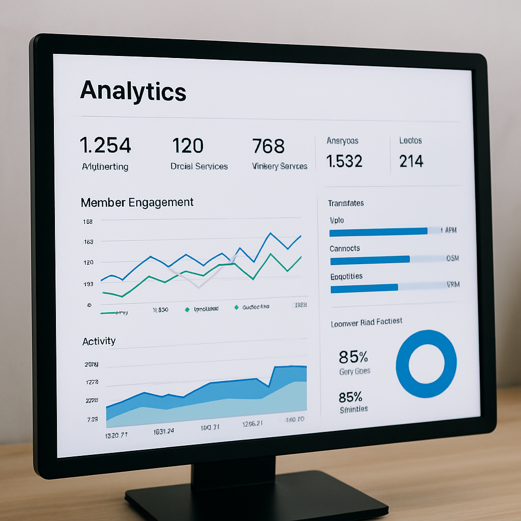 A computer monitor displaying an analytics dashboard. The screen shows various charts and metrics, including large numbers for different services, line graphs for member engagement and activity, bar charts for various categories, and a blue doughnut chart with percentages.