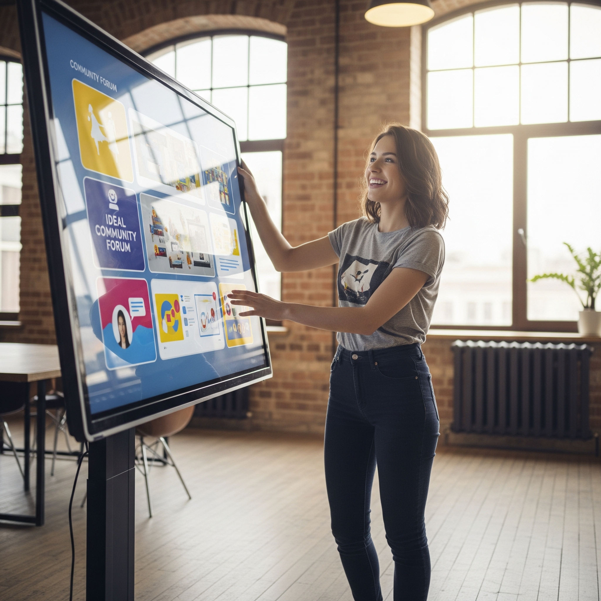 A woman in casual clothes, smiling, adjusts a large touchscreen displaying a "Community Forum" interface in a modern co-working space.