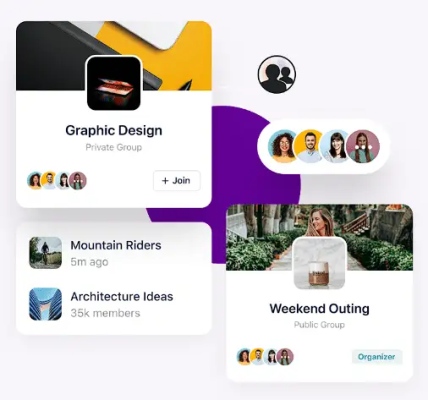 A digital interface showing several community group cards. One card is for "Graphic Design" (Private Group) with member avatars and a "Join" button. Another is for "Weekend Outing" (Public Group) with a background image of a woman outdoors and organizer status. Smaller cards show "Mountain Riders" and "Architecture Ideas."