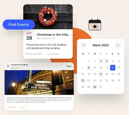 A graphic showing digital event cards and a calendar. One event card is for "Christmas in the Villa" and another for "Sundance Film Festival," displaying an image of a movie theater marquee. A calendar for "March 2022" is visible with some dates highlighted. A "Find Events" button is also present.